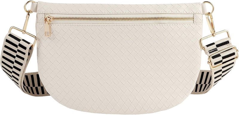 Dealkion Woven Crossbody Bags for Women Leather Belt Bum Sling Purse Fanny Waist Pack Chest Shoulder Bag for Women-Cream - Image 1